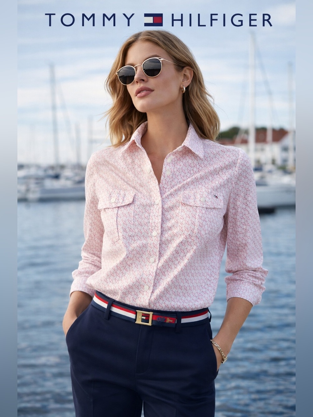 Tommy Hilfiger Light Pink Patterned Button-Down Cotton Shirt Women’s Blouse L